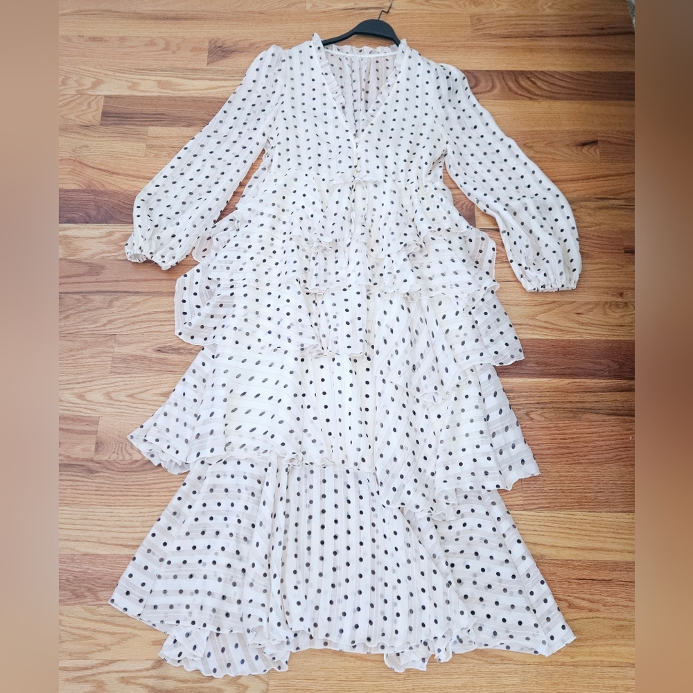 Silk Polka Dot Maxi Dress Cottagecore Romantic Tiered Size S